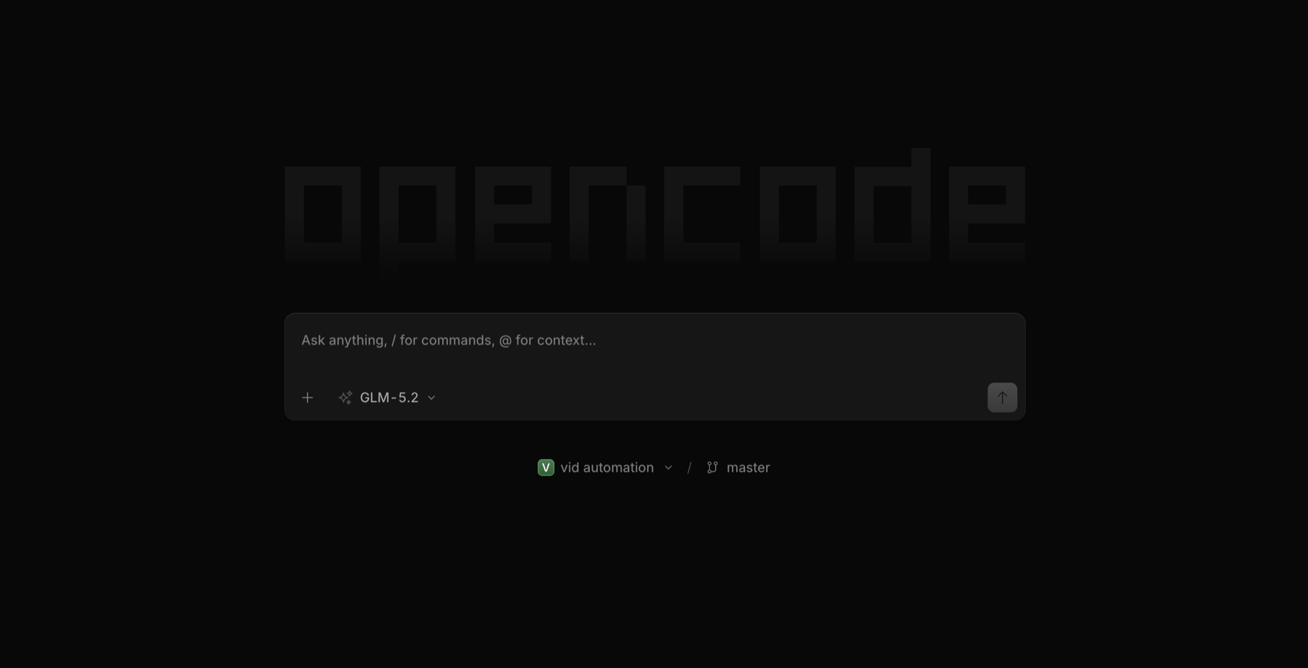 The OpenCode start screen with GLM-5.2 selected as the model