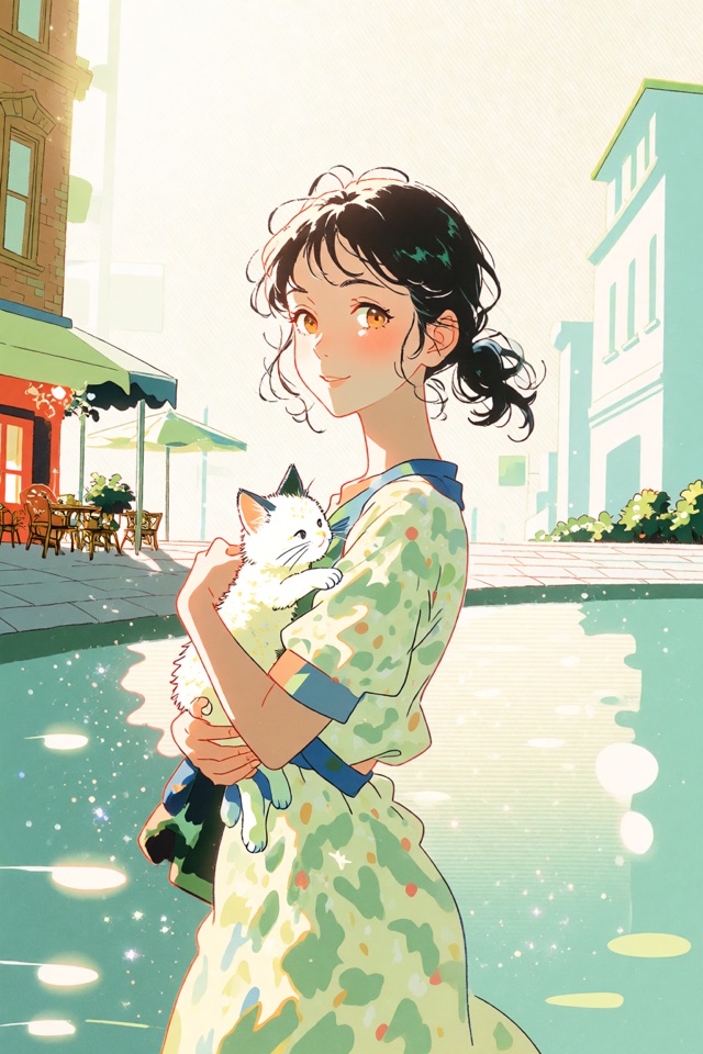 Anime illustration of a girl holding a white cat
