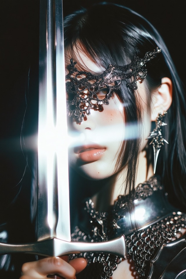 Film portrait of a woman holding a sword