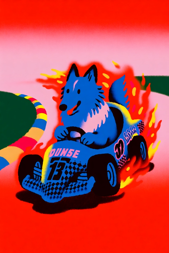 Illustration of a dog driving a flaming race kart